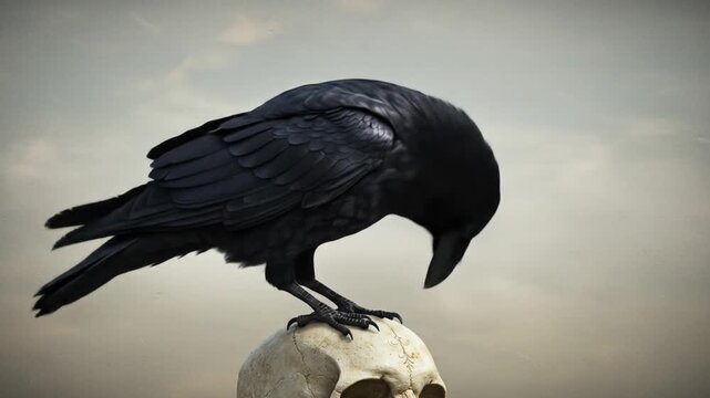 A black raven perched on a human skull.