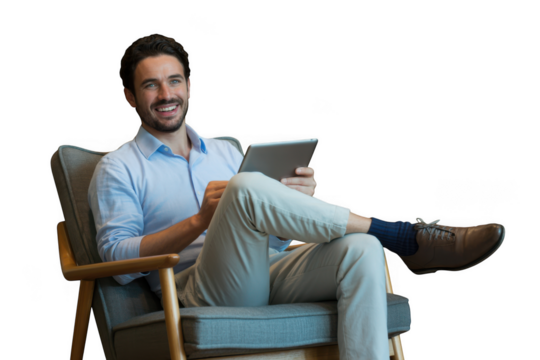 Happy man sitting in chair using tablet relaxed and smiling transparent background