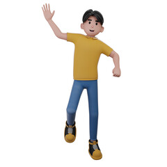 Animated Young Male Figure in Yellow Shirt Waving on Transparent Background Cartoon Style Character with Dark Hair and Blue Pants 3D Rendering