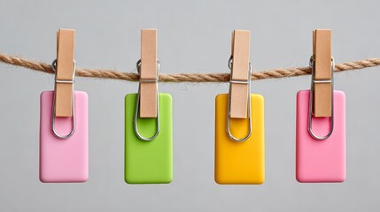 Four colorful blank plastic tags in pink, green, yellow, and red are hanging from a natural rope with wooden clothes pins on a gray background.