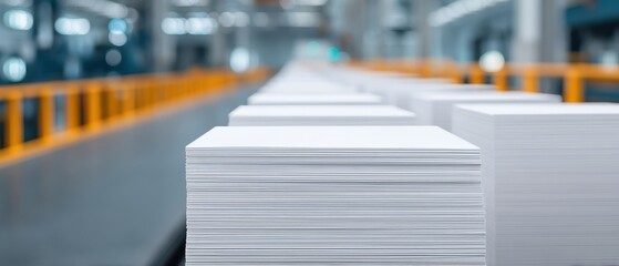 Printing Offset Minimal concept. Stacks of paper in a factory setting with blurred background.