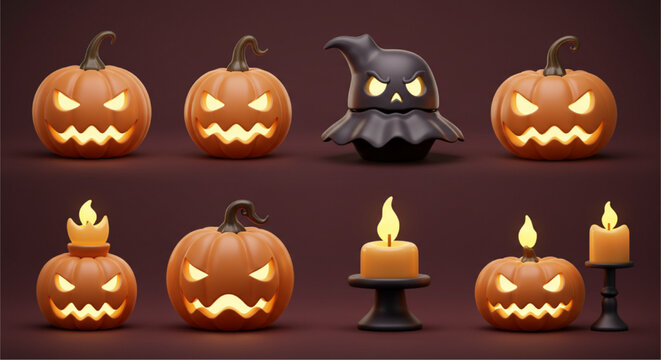 Halloween Pumpkins with Scary Faces, Glowing Lanterns, Spooky Candles, 3D Illustration of Haunted Holiday Decoration, Creepy Night Party Background in Dark Atmosphere