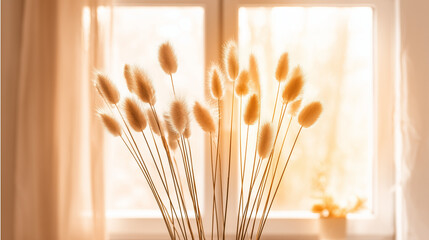 feathery. Bohemian-style pampas grass arrangement in neutral tones with warm sunlight. gardening catalogs, home-decor guides, designed for home decor and floral branding, used by food bloggers.