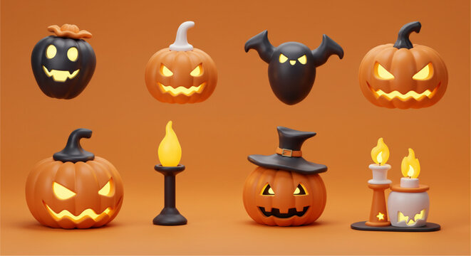 Halloween Pumpkins with Scary Faces, Glowing Lanterns, Spooky Candles, 3D Illustration of Haunted Holiday Decoration, Creepy Night Party Background in Dark Atmosphere