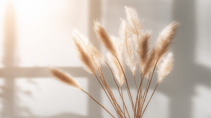 feathery. Bohemian-style pampas grass arrangement in neutral tones with warm sunlight. gardening catalogs, home-decor guides, designed for home decor and floral branding, used by food bloggers.