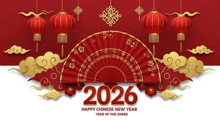 Happy chinese new year 2026 year of the snake celebration with fan
