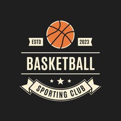 A vintage-style emblem for a basketball sporting club, featuring an orange ball and banners on a dark background.