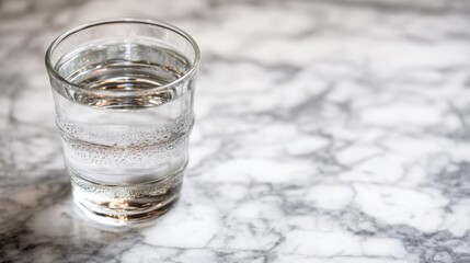 condensation. A close-up of a clear water glass with condensation on a sleek marble surface, reflecting light in a minimalist setting. bar promotions.