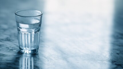 condensation. A close-up of a clear water glass with condensation on a sleek marble surface, reflecting light in a minimalist setting. bar promotions.