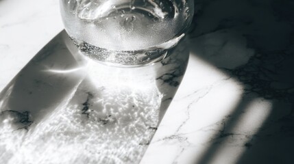 condensation. A close-up of a clear water glass with condensation on a sleek marble surface, reflecting light in a minimalist setting. bar promotions.
