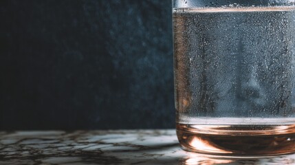 condensation. A close-up of a clear water glass with condensation on a sleek marble surface, reflecting light in a minimalist setting. bar promotions.