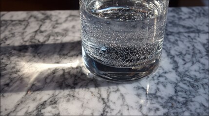 condensation. A close-up of a clear water glass with condensation on a sleek marble surface, reflecting light in a minimalist setting. bar promotions.