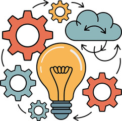 Light bulb gears and cloud with arrows representing innovation and process idea concept