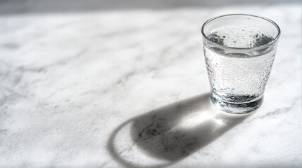 condensation. A close-up of a clear water glass with condensation on a sleek marble surface, reflecting light in a minimalist setting. bar promotions.