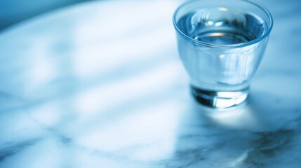 condensation. A close-up of a clear water glass with condensation on a sleek marble surface, reflecting light in a minimalist setting. bar promotions.