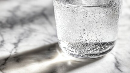 condensation. A close-up of a clear water glass with condensation on a sleek marble surface, reflecting light in a minimalist setting. bar promotions.