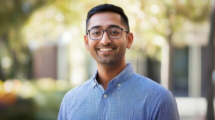 Smiling man in glasses outdoors portrait.