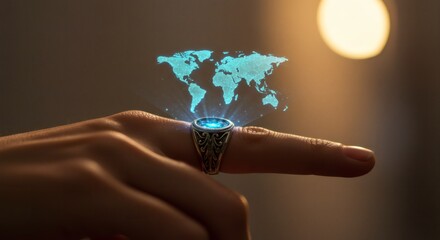 Futuristic Ring Projects a Glowing Holographic World Map.