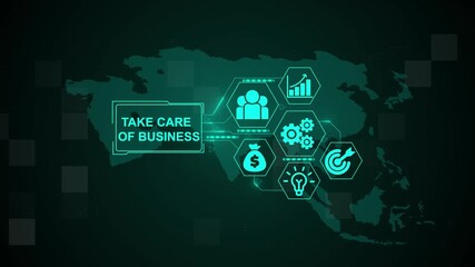 Take Care of business, Hologram Futuristic Interface, Business, Technology, Internet and network concept. Digital world map technology background. - Powered by Adobe