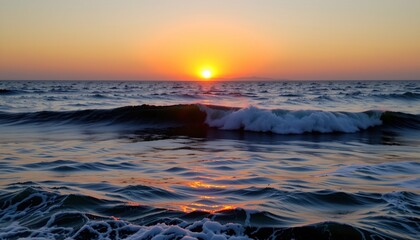 Serene Sunset Over Ocean with Cresting Wave