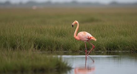 Elegant flamingo wading in wetland habitat displaying vibrant colors tranquil scene