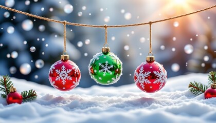 Festive Winter Scene with Holiday Ornaments and Snowfall