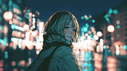 夜の街で振り返る女性