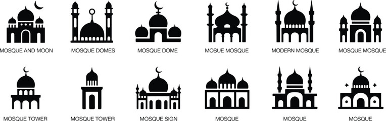 Minimalist Mosque Icon Set, Black Islamic Symbols with Moon, Dome, Tower, Architecture for Ramadan, Muslim App, UI, Web Design