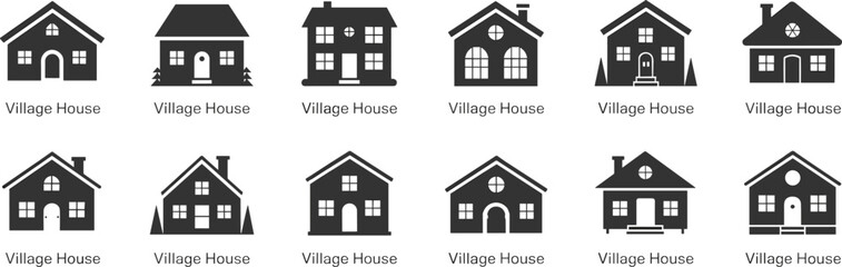 Set of 12 minimalist village house icons, black and white home silhouettes, modern architecture symbols, real estate vector collecti