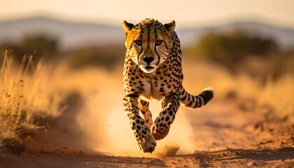 Close-up of a cheetah running directly towards the camera on a dusty path, with golden light illuminating the scene
