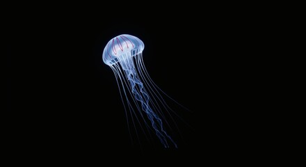 Luminous Blue Jellyfish Floating in Dark Ocean Waters.