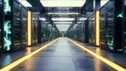 Smooth forward video through a vast hyper-modern data center with towering racks emitting neon blue and yellow lights, reflective floor, and orange pathway. Concept of advanced digital infrastructure