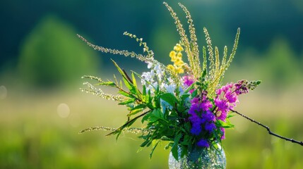 dew. Flower arrangement in a morning garden with natural light and dew. gardening catalogs, home-decor guides, designed for gardening and botanical catalogs, enhances decor appeal.