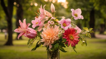 dew. Flower arrangement in a morning garden with natural light and dew. gardening catalogs, home-decor guides, designed for gardening and botanical catalogs, enhances decor appeal.
