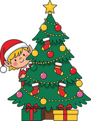 Playful elf peeking behind decorated christmas tree with presents vector