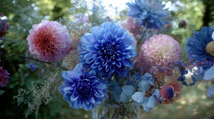 dew. Flower arrangement in a morning garden with natural light and dew. gardening catalogs, home-decor guides, designed for gardening and botanical catalogs, enhances decor appeal.