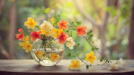 dew. Flower arrangement in a morning garden with natural light and dew. gardening catalogs, home-decor guides, designed for gardening and botanical catalogs, enhances decor appeal.