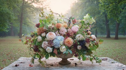 dew. Flower arrangement in a morning garden with natural light and dew. gardening catalogs, home-decor guides, designed for gardening and botanical catalogs, enhances decor appeal.