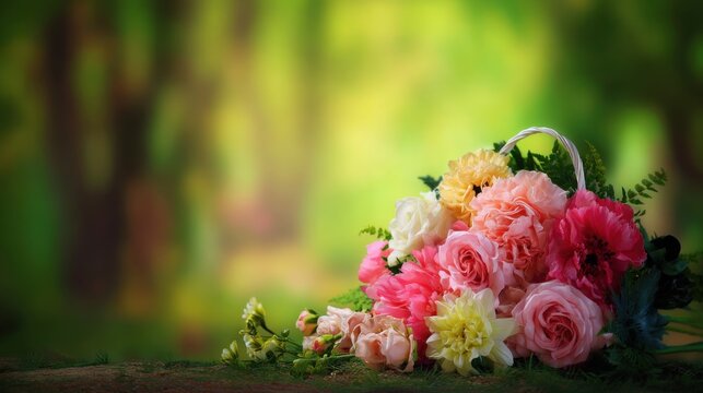 dew. Flower arrangement in a morning garden with natural light and dew. gardening catalogs, home-decor guides, designed for gardening and botanical catalogs, enhances decor appeal.