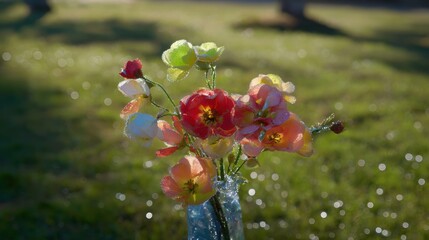 dew. Flower arrangement in a morning garden with natural light and dew. gardening catalogs, home-decor guides, designed for gardening and botanical catalogs, enhances decor appeal.