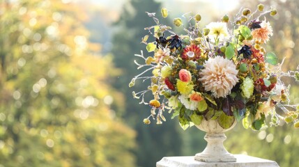 dew. Flower arrangement in a morning garden with natural light and dew. gardening catalogs, home-decor guides, designed for gardening and botanical catalogs, enhances decor appeal.