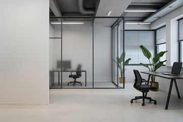 Modern office interior with glass walls and minimalist furniture