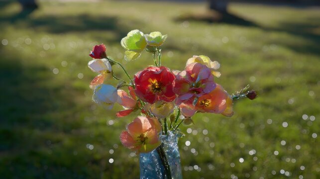 dew. Flower arrangement in a morning garden with natural light and dew. gardening catalogs, home-decor guides, designed for gardening and botanical catalogs, enhances decor appeal.