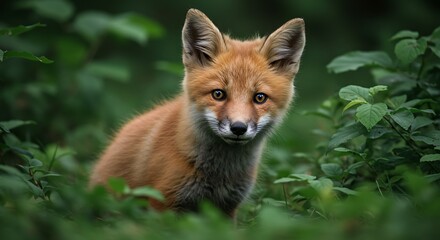 Curious fox cub in vibrant green foliage looking directly at the camera
