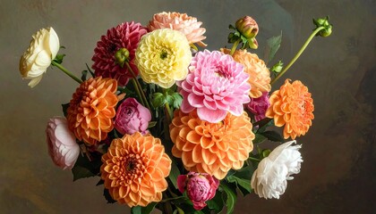 A vibrant bouquet of various colorful flowers against a blurred, dark background