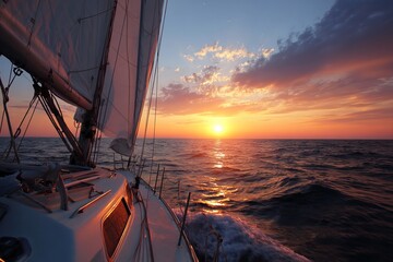 Sailing boat on open sea during sunset with colorful sky