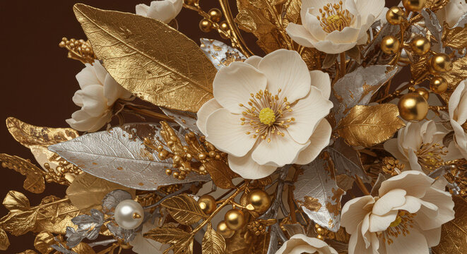 Opulent Floral Arrangement Featuring White Blossoms with Golden and Silver Accents for Upscale Decor and Festive Designs with Elegant Leaves and Berries