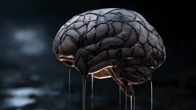 A brain with a lot of cracks and drips of water on it. The brain is on a dark background. Brain with cracked surface and dark fluid oozing out, corruption and moral decay concept, rotten dramatic mute