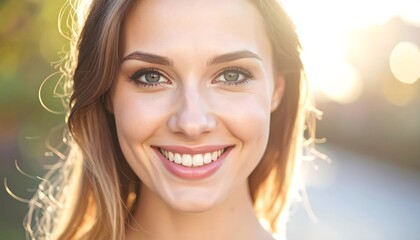 Close-up portrait of a smiling woman with long brown hair, sunlit outdoors