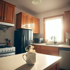 Steaming Mug of Coffee on a Kitchen Island in Morning Light